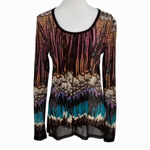 Marc Aurel Mesh Long Sleeve Top Large Multicolor Boho Artsy Y2K Statement Retro